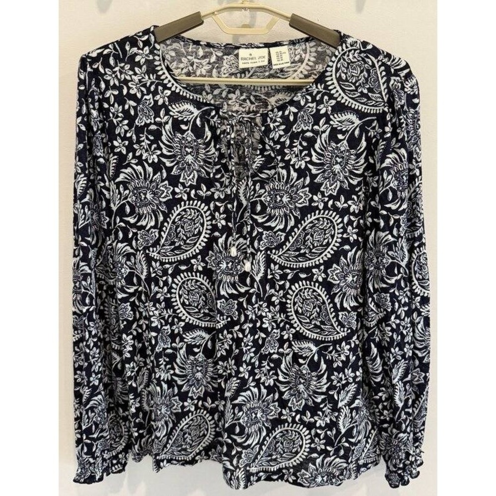 Rachel Zoe 100% Linen Blue Print Long Sleeve Tie Front Shirt Floral Coastal XL